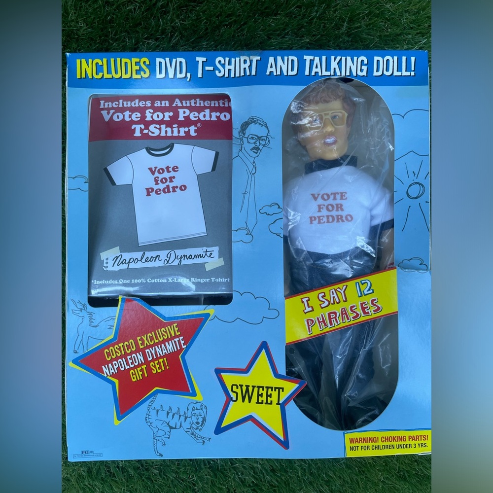 RARE Napoleon Dynamite Talking Doll and Adult XL VOTE FOR PEDRO t-shirt | NO DVD